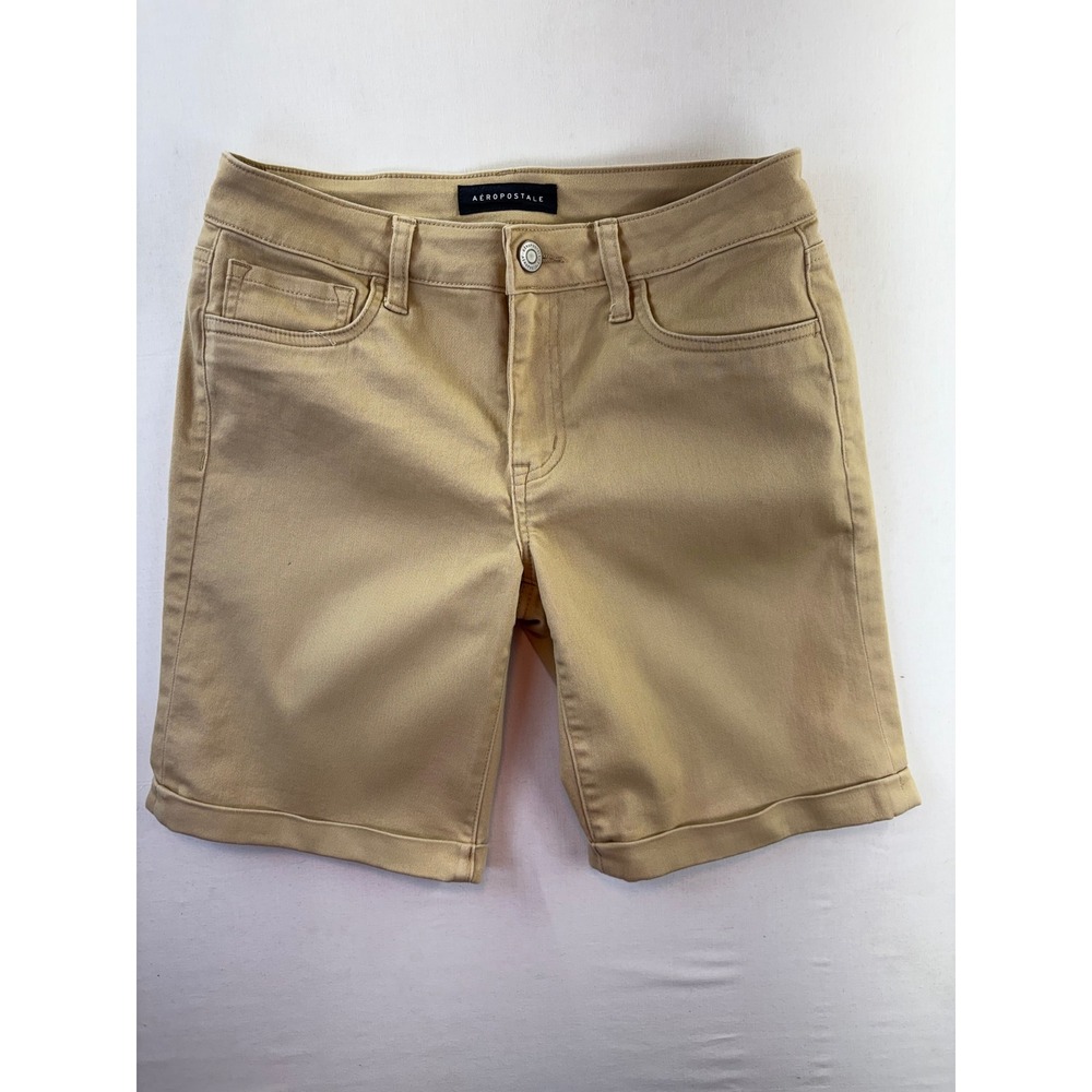 Aeropostale Womens 9 Inch Bermuda Shorts Tan Khaki Cuffed Stretch Size 6